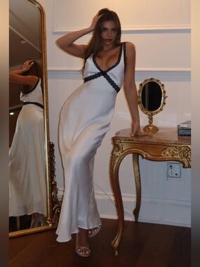White Fox Satin Dress with Lace Trim